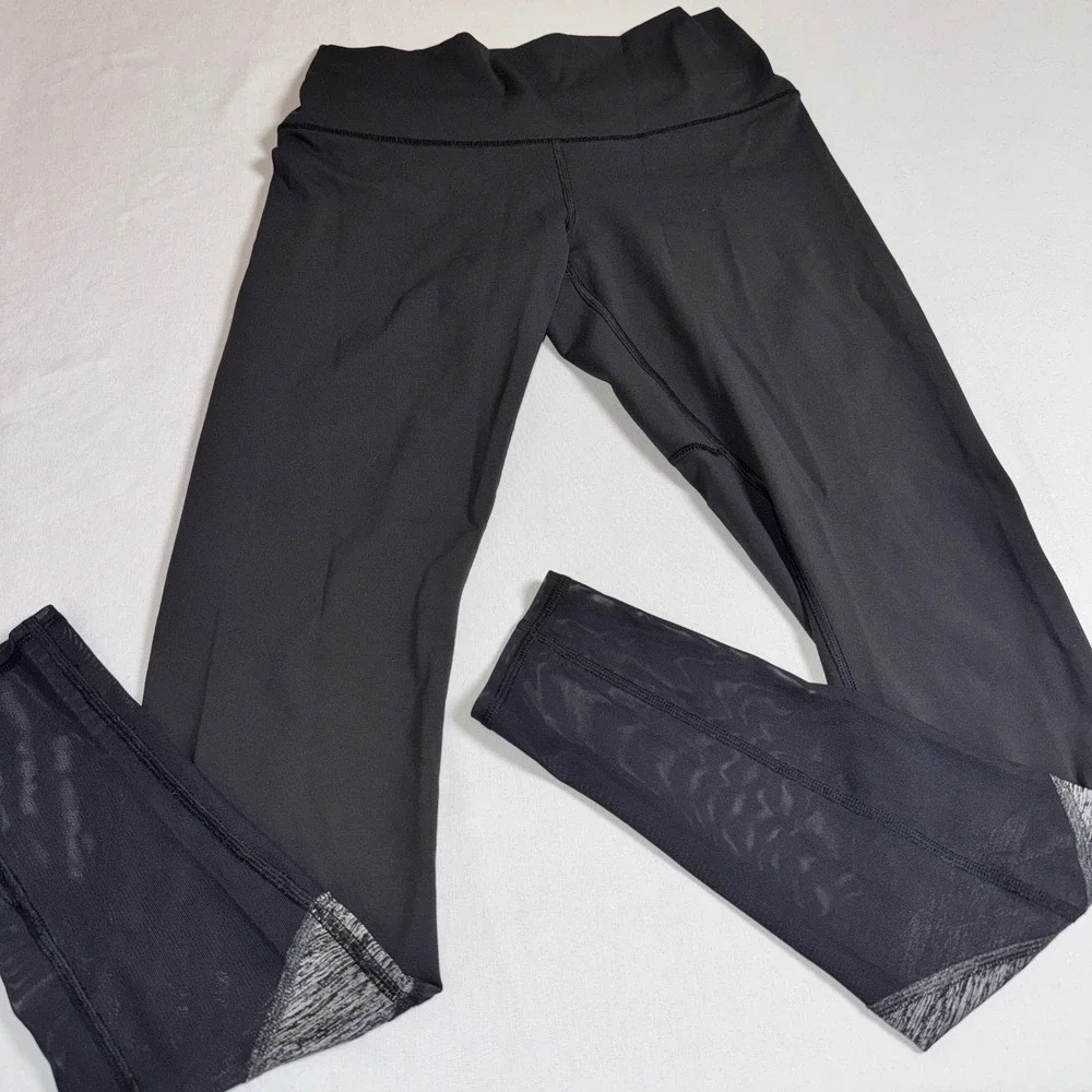 Lululemon Black Mesh Panel High Rise Leggings Size 8 Heathered‎ Grey Trim Yoga